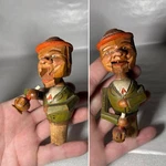 Vtg Hand Carved & Painted Wood Bottle Cork Stopper Mechanical Moving Arm Mouth. Fixed Price $95.00.